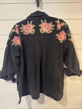 Exclusive Piper & Scoot Women’s Black Corduroy Jacket Pink Rose Embroidery- XS